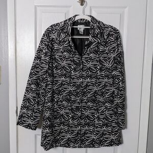 Chico's Linen Button Down Coat in Black‎ and White Print Size Women's Small
